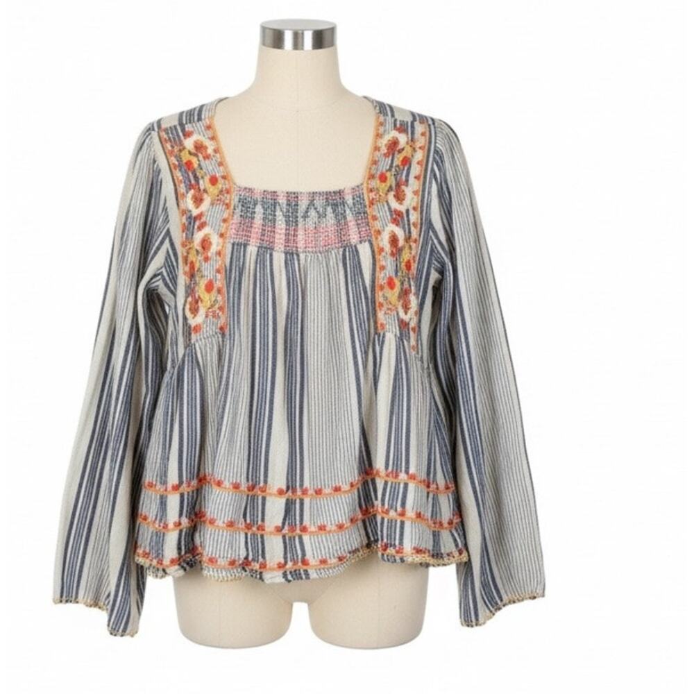THML Blue and White Striped Embroidered Peasant Blouse
